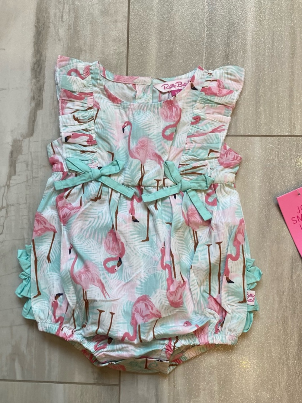 NWT RuffleButts Vibrant Tropical Flamingo Woven Ruffle Bubble Romper girls 3-6M